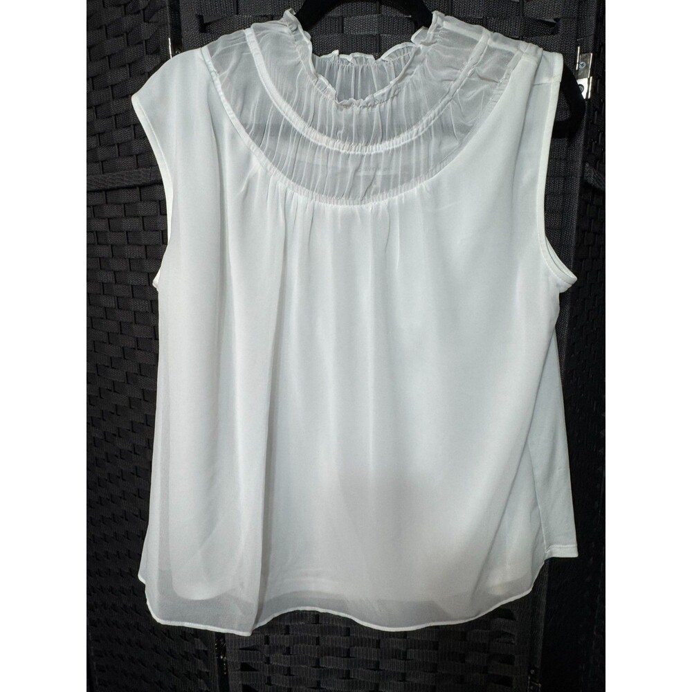 Calvin Klein Sheer White Ruffle Neck Sleeveless Top L Romantic Chic - Picture 1 of 4